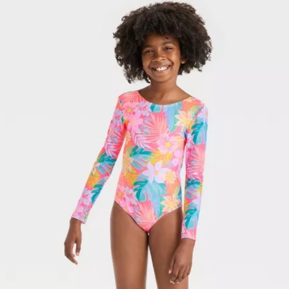 Girls' Tropical Blooms Floral Printed One Piece Swimsuit - Cat & Jack - Picture 1 of 4